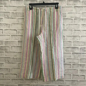 Women’s Talbots Petites striped multi-color 100% linen cropped wide leg pants 10